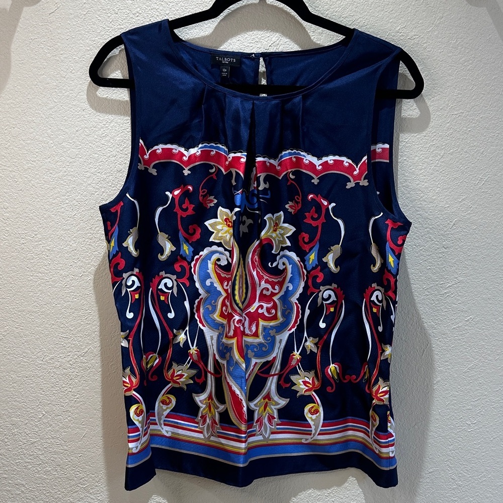 Talbots Petites 12P 100% Silk Paisley Sleeveless Blouse NWT Navy Multicolor